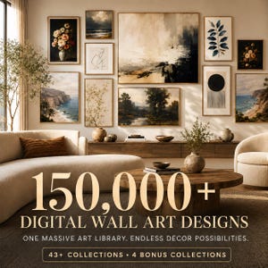 Pode incluir: Uma coleção de designs de arte de parede digital com uma parede de galeria de várias impressões emolduradas, incluindo paisagens, arranjos florais e arte abstrata, com o texto 150,000+ DIGITAL WALL ART DESIGNS, 43+ COLLECTIONS, 4 BONUS COLLECTIONS.