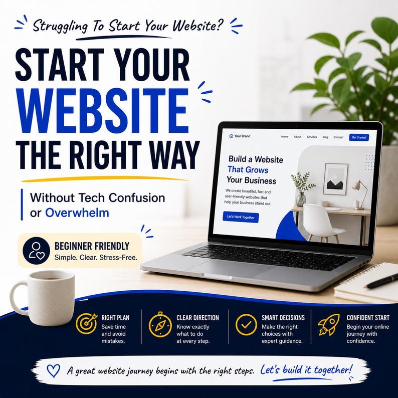 Może przedstawiać: Laptop wyświetlający projekt strony internetowej z tekstem "Build a Website That Grows Your Business". Obraz promuje tworzenie stron internetowych, z tekstem takim jak "Start Your Website The Right Way" i "Beginner Friendly". Widoczny jest r&oacute;wnież kubek do kawy i notatnik.