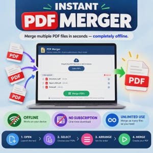May include: A digital graphic for an Instant PDF Merger tool showing a laptop screen with a file selection interface. Three individual PDF icons are shown merging into one larger PDF icon. Text includes instructions for opening, selecting, arranging, and merging files.