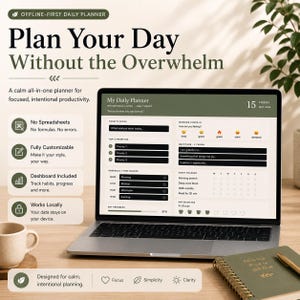 Peut inclure: Un ordinateur portable affichant un planificateur numérique avec le texte "Planifiez votre journée sans vous sentir dépassé." L'écran montre un emploi du temps quotidien, un suivi des habitudes et une liste de priorités.