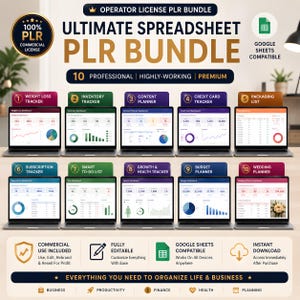 Puede incluir: Un paquete digital titulado Ultimate Spreadsheet PLR Bundle que incluye 10 plantillas profesionales de Google Sheets con rastreadores para pérdida de peso, inventario, contenido, tarjetas de crédito, empaques, suscripciones, tareas, crecimiento y presupuestos.