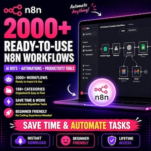 以下が含まれることがあります： ワークフロー自動化プラットフォーム、n8nのプロモーション画像。プラットフォームのインターフェースを表示するラップトップが特徴で、「2000+ Ready-to-Use n8n Workflows」というテキストが表示されています。AIボット、自動化、生産性ツールも強調されています。