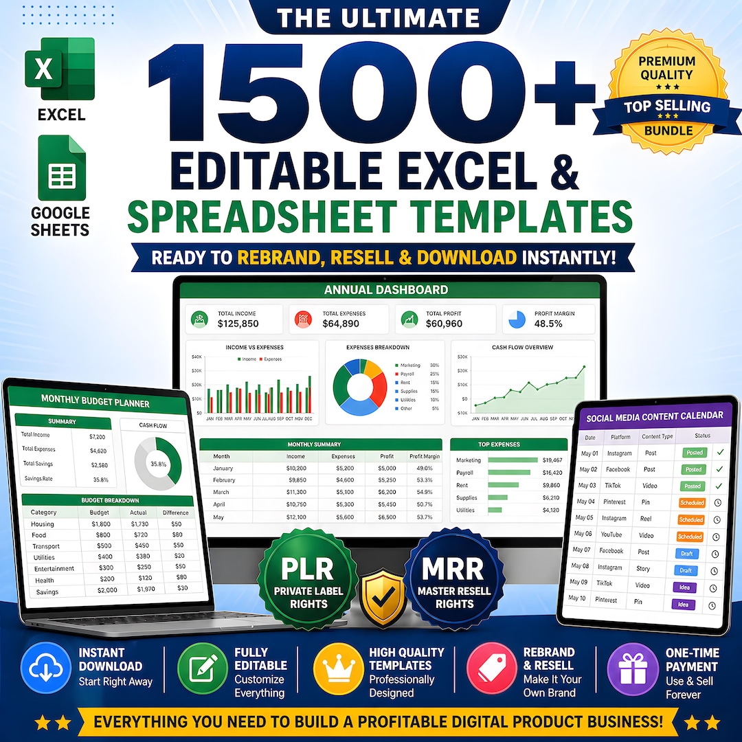 PLR Spreadsheet Bundle 1500+ Excel & Google Sheets Template Templates ...