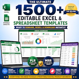 May include: Digital product bundle featuring over 1500 editable Excel and spreadsheet templates. Includes annual dashboards, monthly budget planners, and social media content calendars. Ready to rebrand, resell, and download instantly. High-quality templates for a profitable digital product business.