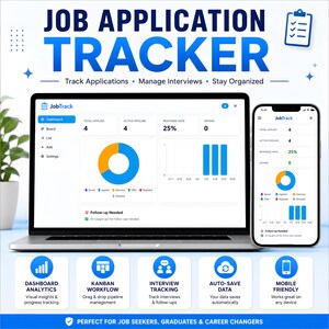 May include: A laptop and smartphone displaying the JobTrack application interface with a dashboard showing job application statistics, a donut chart, and a bar graph. The screen features text including Job Application Tracker and feature icons.