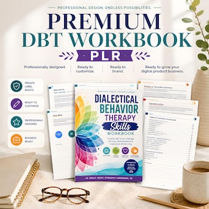 Puede incluir: Un libro de ejercicios de terapia dialéctico-conductual con un gráfico floral colorido en la portada. El libro está rodeado de páginas sueltas que muestran texto, una tabla de contenidos e iconos. El texto dice Premium DBT Workbook PLR.