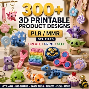 Könnte beinhalten: Eine Sammlung von 3D-druckbaren Produktdesigns, darunter Schlüsselanhänger, Taschenanhänger, Ausweishalter, Fidget-Spielzeuge und bewegliche Figuren. Der Text lautet 300+ 3D PRINTABLE PRODUCT DESIGNS, PLR / MMR, STL FILES, CREATE PRINT SELL, KEYCHAINS, BAG CHARMS, BADGE REELS, FIDGETS, FLEXI, MORE.