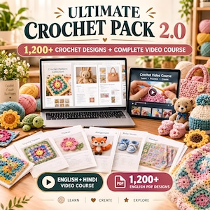 以下が含まれることがあります： Ultimate Crochet Pack 2.0と題されたデジタルかぎ針編み学習キット。ビデオコースやパターンを表示するノートパソコンとタブレットを中心に、印刷されたパターンシート、色とりどりの毛糸玉、完成したかぎ針編み作品が配置されています。