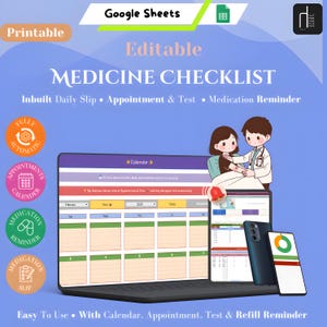 以下が含まれることがあります： 「Editable Medicine Checklist」と「Printable」のテキストが表示されたデジタル薬チェックリスト。画像には、チェックリストインターフェースをすべて表示するラップトップ、タブレット、2台のスマートフォンが含まれています。医師と患者のイラストもあります。