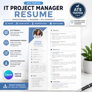 ATS Professional IT Editable Canva Resume Template with Cover Letter, Reference Page, Resume Guide