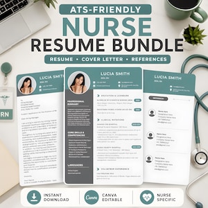 Op de afbeelding: Een digitale sjabloon voor een verpleegkundig cv-pakket met een cv, sollicitatiebrief en referentiepagina in een blauwgroen en grijs kleurenschema. De documenten bevatten tijdelijke aanduidingen voor een foto, contactgegevens en werkervaring.