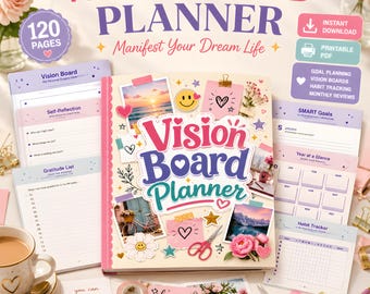 Puede incluir: Un planificador de tablero de visión de 120 páginas, con una portada que muestra el texto Vision Board Planner y Manifest Your Dream Life. Incluye secciones para planificación de objetivos, seguimiento de hábitos y revisiones mensuales.