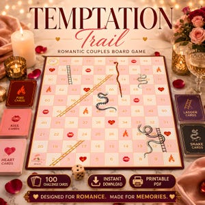 Może przedstawiać: Gra planszowa zatytułowana Temptation Trail z różowo-białą siatką ponumerowaną od 1 do 99. Plansza zawiera ilustracje węży, drabin, płomieni i ust. W zestawie znajdują się talie kart Fire, Kiss, Heart, Ladder oraz Snake Cards.