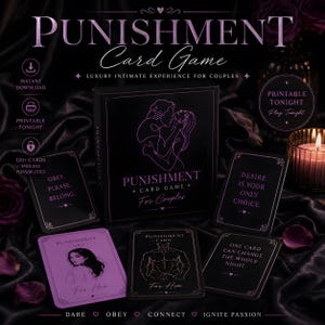 Könnte beinhalten: Schwarze Spielkartenbox und Karten mit dem Text "PUNISHMENT Card Game For Couples". Die Karten zeigen Sätze wie "Desire is your only choice" und "One card can change the whole night". Das Spiel wird als luxuriöses intimes Erlebnis beworben.