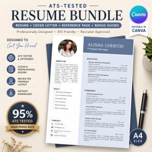 Plantilla de currículum profesional compatible con ATS para recién graduados, con carta de presentación, página de referencias y guía de currículum.