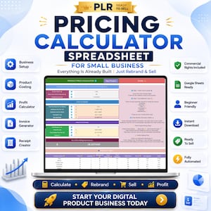 May include: A digital pricing calculator spreadsheet for small businesses displayed on a laptop screen. The interface features sections for product costing, profit calculation, and invoice generation, with text labels for business setup and commercial rights.
