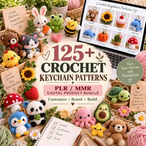 May include: A digital product bundle featuring 125+ crochet keychain patterns, displayed on a laptop screen alongside various handmade crocheted keychains including a bear, rabbit, frog, bee, panda, octopus, avocado, and mushroom.