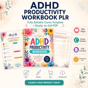 Pode incluir: Um caderno de exercícios de produtividade para TDAH com capa espiral, ilustrações florais coloridas e texto. O caderno inclui uma página sobre mim e um rastreador de foco Pomodoro. Ícones para editar, marcar, vender e baixar estão presentes.