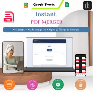 May include: A digital illustration promoting an instant PDF merger. The image features a laptop displaying the PDF Merger interface, a tablet, and a smartphone. Text includes "Instant PDF Merger" and "No Limits. No Subscription. Open & Merge in Seconds."