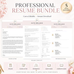 Könnte beinhalten: Eine professionelle Lebenslauf-Vorlage mit Anschreiben, Lebenslauf und Referenzseite in einem zartrosa und weißen Farbschema. Der Text enthält Professional Resume Bundle, 5 Files Included und Kate Melanie Web Developer.