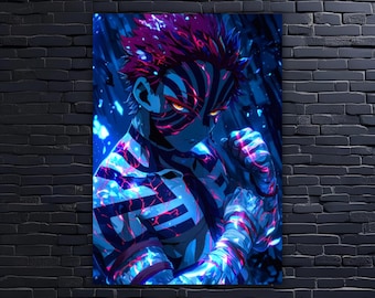 Akaza Metal Poster, Demon Slayer Anime Art, Blue Neon Print