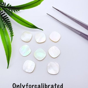 May include: Eight small, square-shaped mother-of-pearl shell pieces with rounded corners and an iridescent finish. The pieces are arranged in a grid pattern alongside a pair of silver metal tweezers. The text Onlyforcalibrated is printed below.