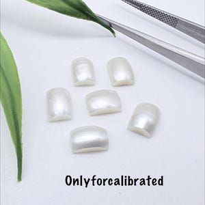 May include: Five small, rectangular, white mother-of-pearl cabochons with a smooth, iridescent finish and curved surfaces. The pieces are arranged in a cluster near a pair of silver metal tweezers. The text Onlyforcalibrated is printed below.