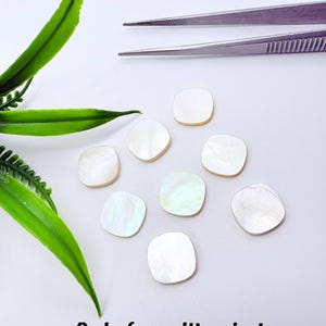 May include: Eight small, square-shaped mother-of-pearl shell pieces with rounded corners and an iridescent white finish. A pair of silver metal tweezers is positioned above the pieces. The text Onlyforcalibrated is printed at the bottom.