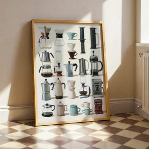 Op de afbeelding: Een ingelijste wandkunstprint met een raster van illustraties van diverse koffiezetapparatuur, waaronder glazen karaffen, metalen mokkapotten, een French press, een sifon-koffiezetapparaat en een espressomachine.