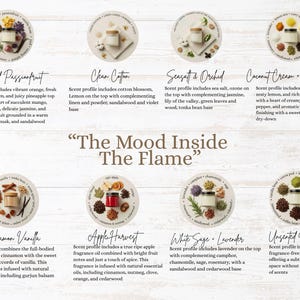 Puede incluir: Imagen que muestra una variedad de velas perfumadas en peque&ntilde;os frascos de vidrio con tapas de madera. Cada vela est&aacute; rodeada de ingredientes relacionados con su aroma, como frutas, especias y flores. Se muestra el texto "The Mood Inside The Flame".