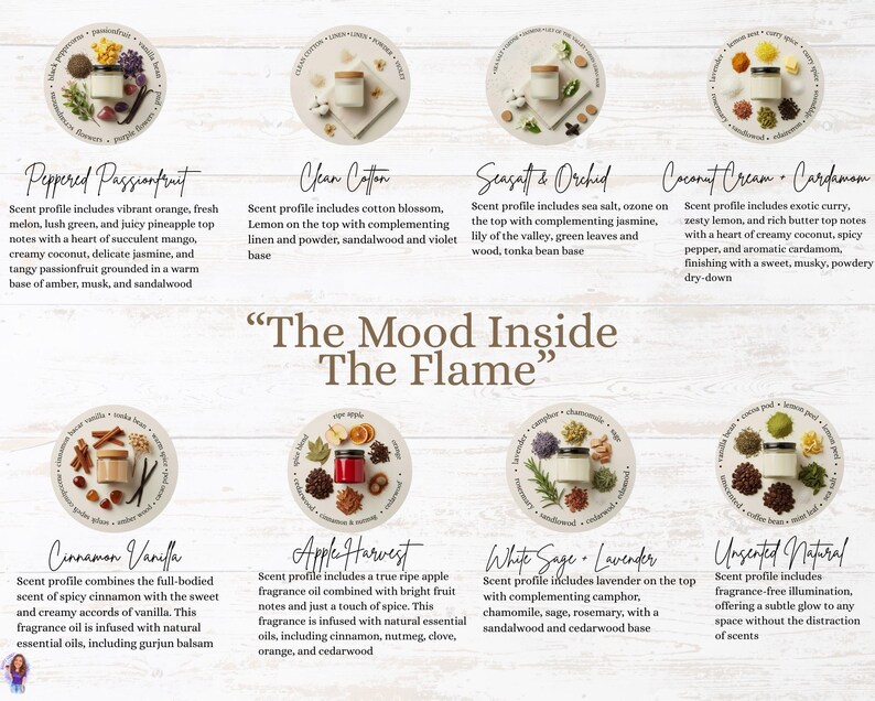 Puede incluir: Imagen que muestra una variedad de velas perfumadas en peque&ntilde;os frascos de vidrio con tapas de madera. Cada vela est&aacute; rodeada de ingredientes relacionados con su aroma, como frutas, especias y flores. Se muestra el texto "The Mood Inside The Flame".