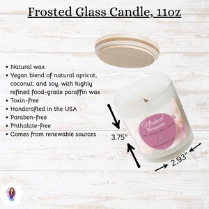 May include: Frosted glass candle with a wooden lid. The candle is labeled "Naked Season" and measures 3.75 inches in diameter and 2.93 inches in height. It is made with natural wax and a vegan blend of apricot, coconut, and soy.