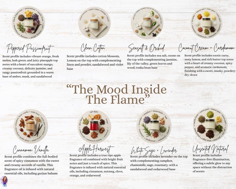 May include: An image showcasing a variety of scented candles with different fragrance profiles. Each candle is in a small glass jar with a wooden lid, surrounded by ingredients related to its scent, such as fruit, spices, and flowers. The text "The Mood Inside The Flame" is displayed.