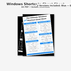 Peut inclure: Une feuille de triche des raccourcis Windows en noir et blanc, avec du texte bleu et blanc. Elle détaille la navigation de base, les raccourcis de fichiers, les astuces de productivité et les commandes d'édition de texte. Le titre est "The Ultimate Windows Shortcut Cheat Sheet".
