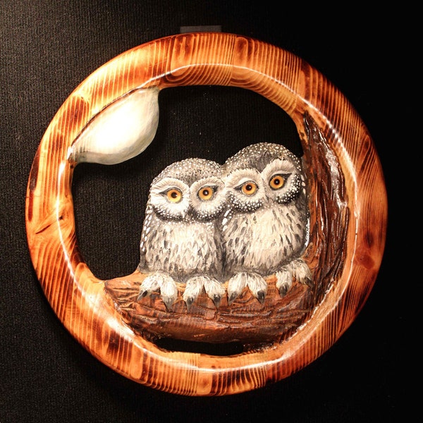 Wood Carving of Owls in Pine