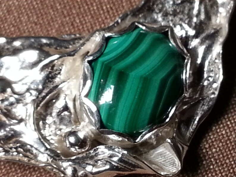 Sterling Silver Distressed Pendant Malachite Pendant Freeform Sculpted Pendant Malachite Pendant
