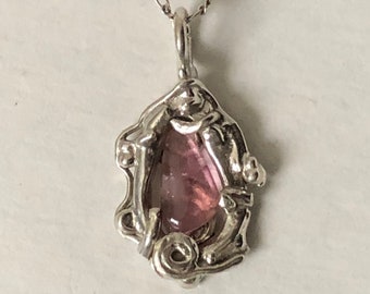 Pink Tourmaline Silver Pendant: Abstract Sterling Silver Jewelry