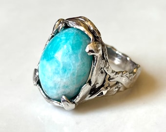Amazonite Ring Sterling Silver Molten Ring - Size #12