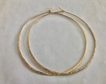12K Gold Filled Hoop Earrings: Hammered Finish, 3.5 Inch