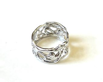 Abstract Molten Sterling Silver Ring Size #9.5 Wide  Band