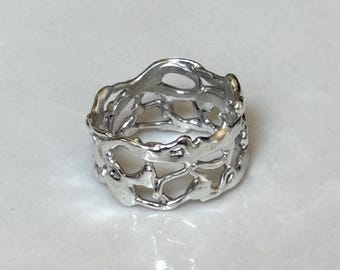 Molten Silver Ring Size 9,  Abstract Free Form Band