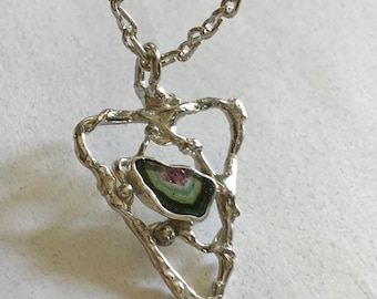 Watermelon Tourmaline  Pendant, Molten Sterling Silver Triangular Pendant.