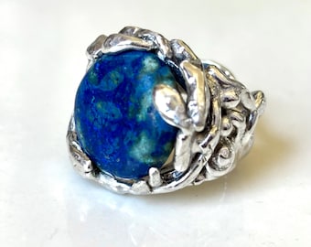 Azurite Malachite Molten Silver Ring Size #7