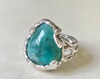 Peruvian Opal Ring Size #10 Abstract Molten Silver Ring