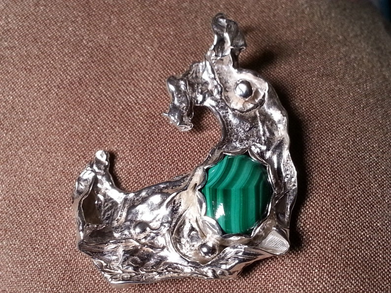 Sterling Silver Distressed Pendant Malachite Pendant Freeform Sculpted Pendant Malachite Pendant