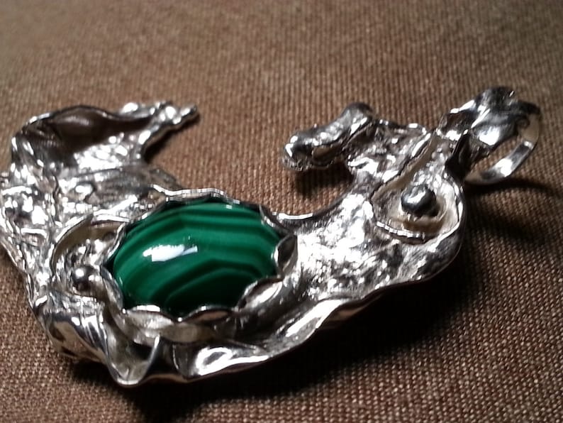 Sterling Silver Distressed Pendant Malachite Pendant Freeform Sculpted Pendant Malachite Pendant