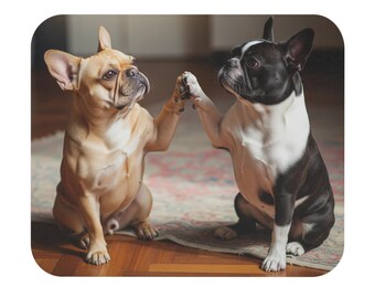 Puede incluir: Dos bulldogs franceses chocan los cinco. Uno es de color canela, el otro blanco y negro. Están sentados en un suelo de madera con una alfombra estampada en el fondo.