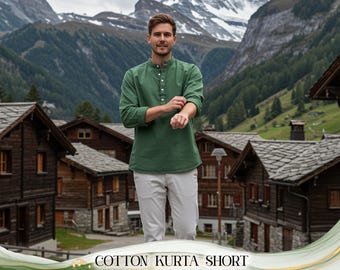 Casual Indian Tunic Shirt, Men’s Cotton Kurta Short – Handmade Summer Cotton Top Kurta, Beachwear, Ethnic Festival Outfit, Boho Style Gifts