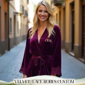 Velvet Robe with Lace Bridesmaid Robe Bride or Bridal Shower Robe Kimono Lace Robe Getting Ready Robes Bridesmaid Proposal Gift Wedding Gift