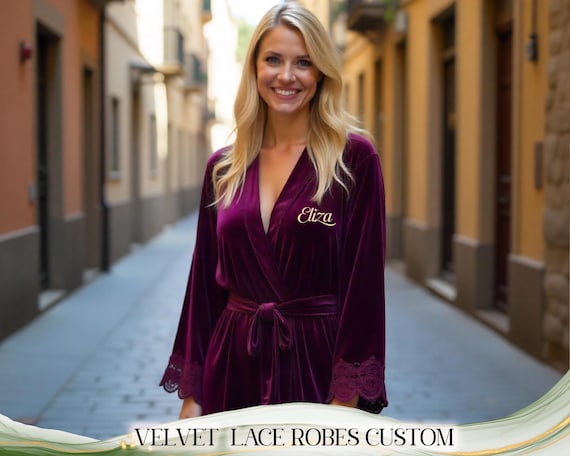 Velvet Robe with Lace Bridesmaid Robe Bride or Bridal Shower Robe Kimono Lace Robe Getting Ready Robes Bridesmaid Proposal Gift Wedding Gift